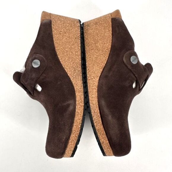 Papillio by Birkenstock Suede Fanny Wedge Clogs Roast Brown Size 39, US Size 9 - Picture 4 of 14